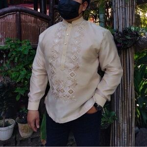 Modern Contemporary Barong Tagalog Attire in Beige Sports Collar